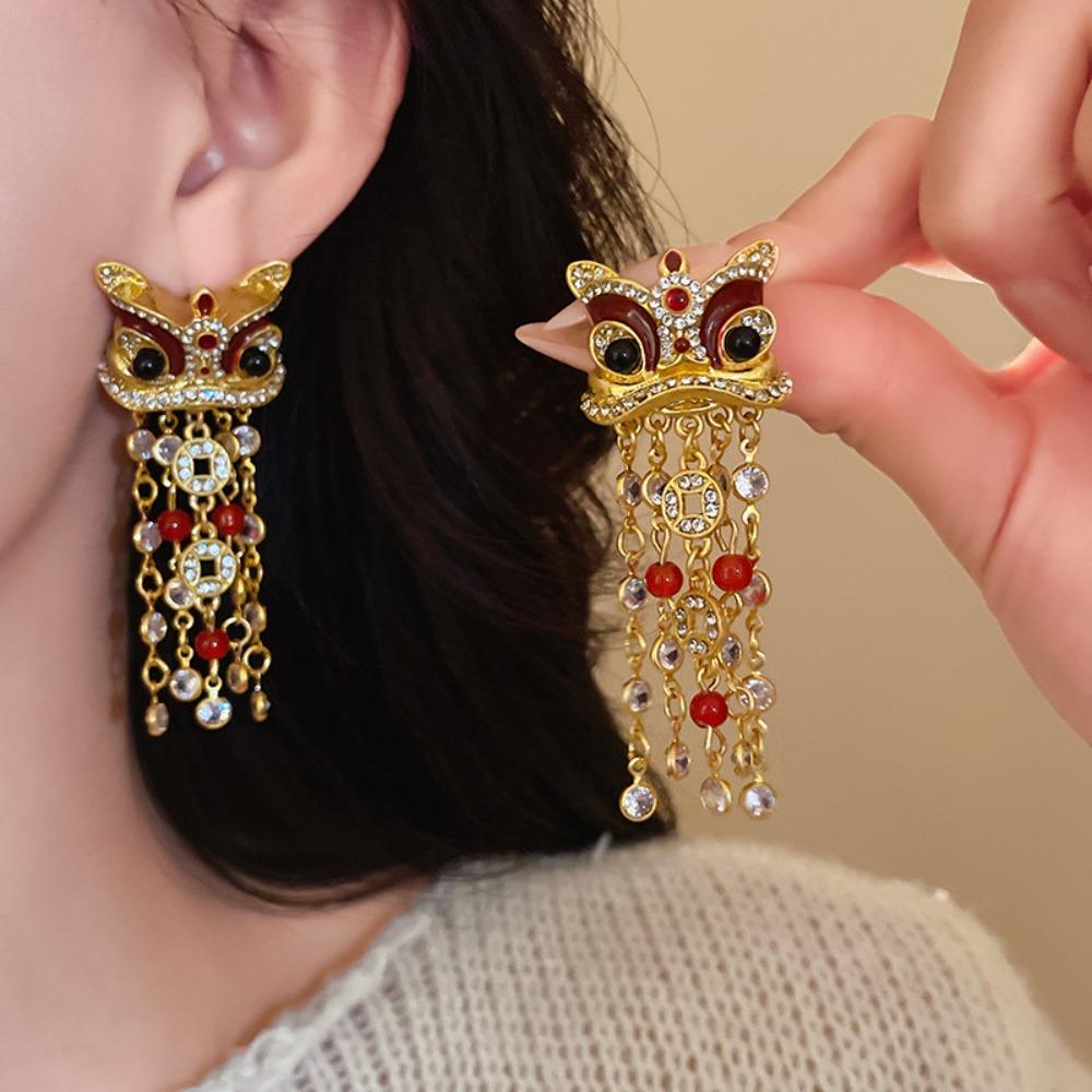 

Light Luxury Lion Dance Earrings Necklace Chinese New Year Lion Dance Earrings Female Lady Girl Earrings