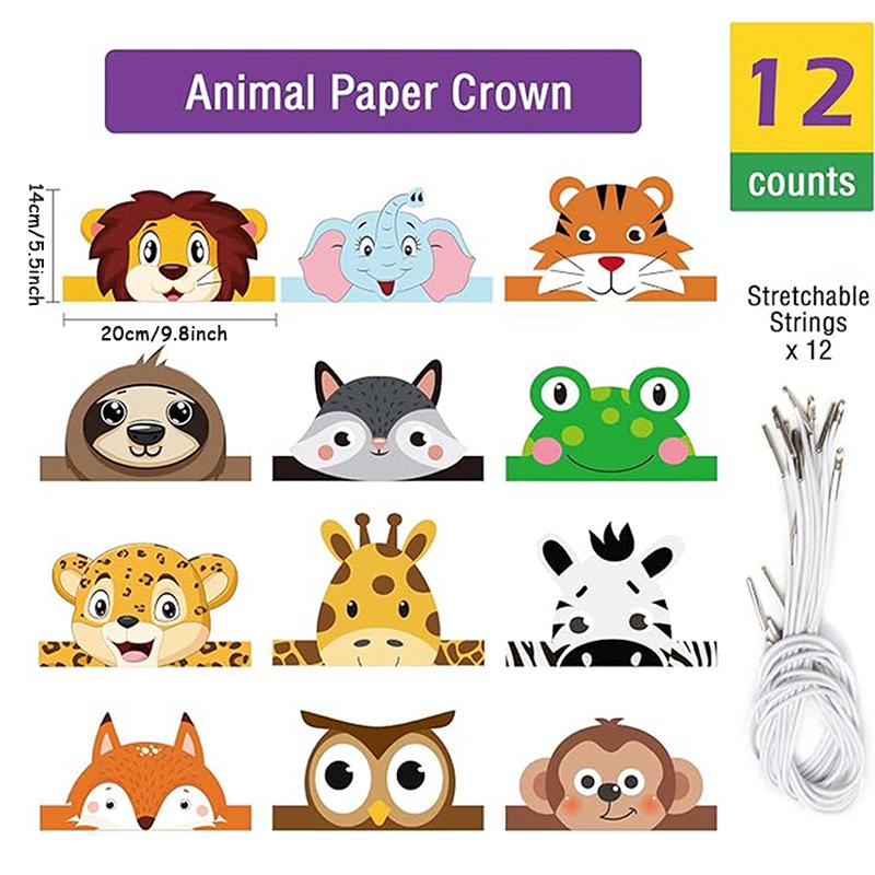 12pcs Jungle Safari Hat Kids Birthday Crown Hat Children's Birthday Party Masks Jungle Wildlife Birthday Party Games Photo Mask