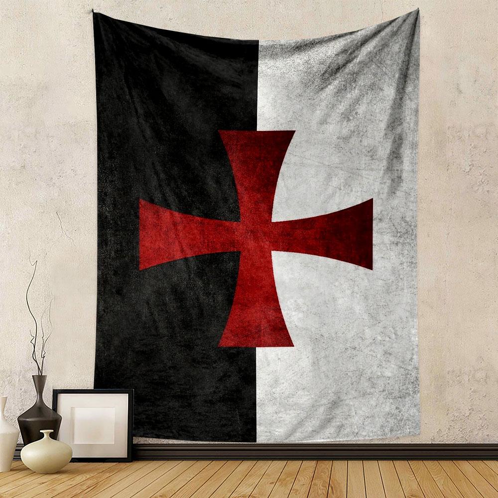 Templar Cross on Black and White Background Patterned Tapestry Decorative Wall Hanging, Home Bedroom Living Room Decor