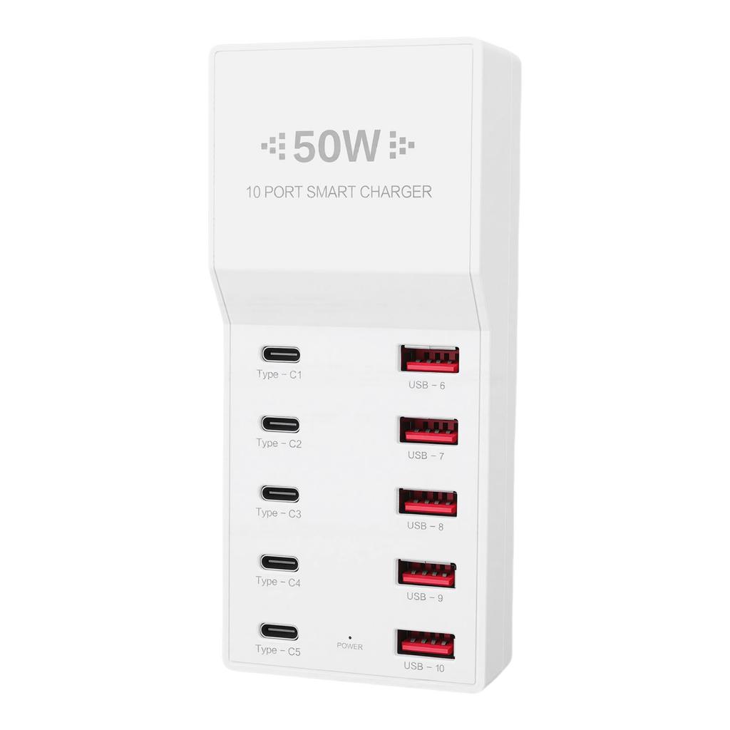 USB C Charger 50W USB Charging Station for Multiple Devices 10 Port Charging Block 5 USB Ports 5 Type C Ports US Plug