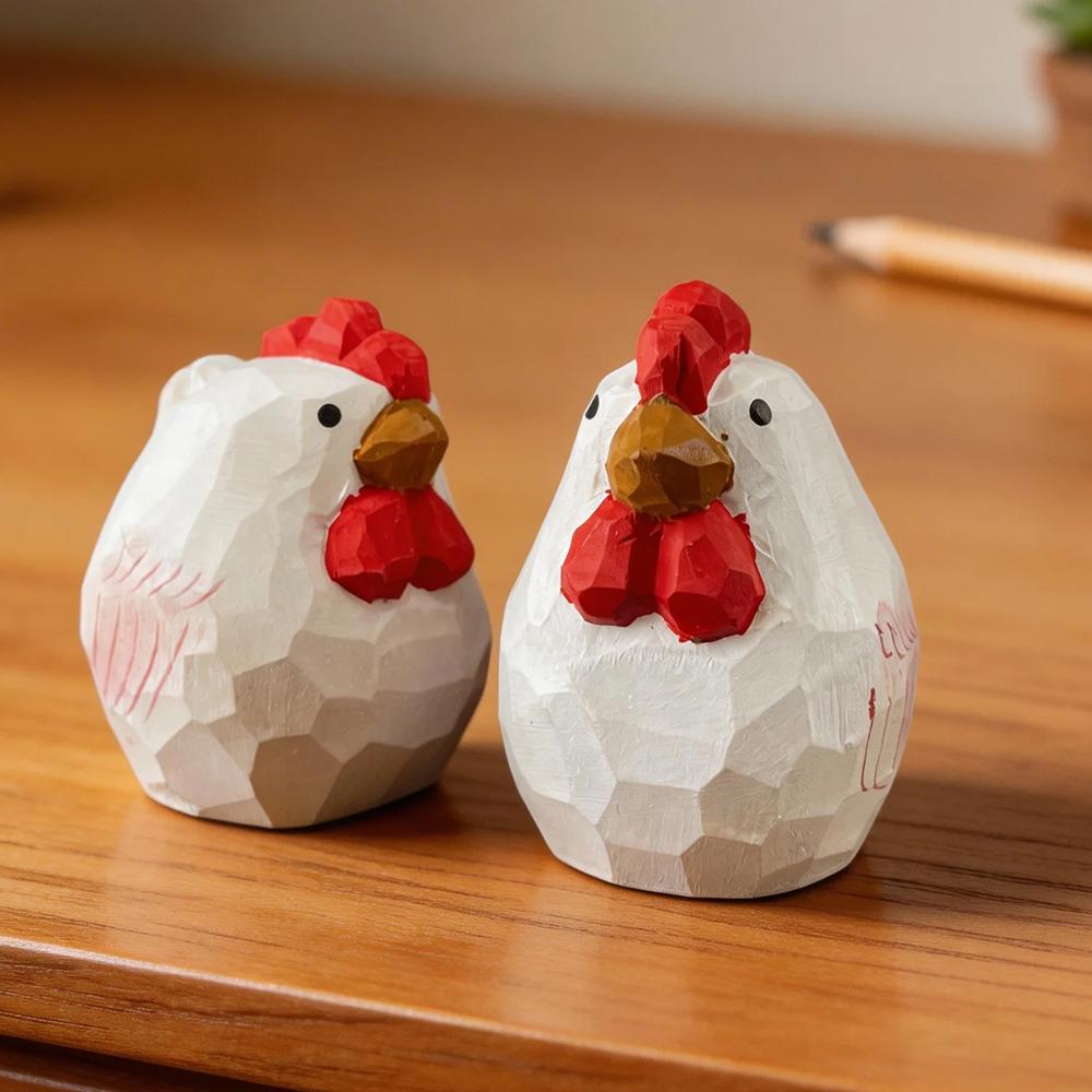 Hand Carved Wooden Rooster Rustic Figurine Cute White Chicken Statue Farmhouse Kitchen Home Desk Shelf Decor Ornament Gift