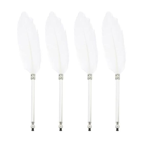 PATIKIL 4pcs Feather Pens, Fluffy Vintage Ink Quill Pens, Elegant Plated Rod, Feather Pen for Calligraphy, Signature, Guest Wedding Gift, White