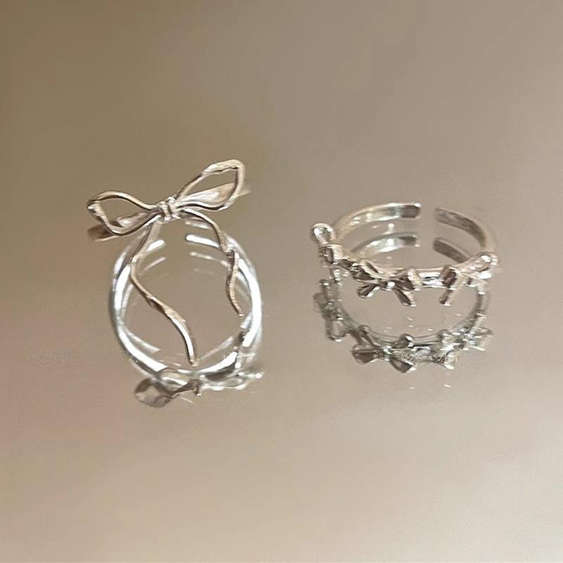 2Pcs Fashion Bow Ribbon Rings For Women Girls Sweet Cute Geometric Bow Opening Adjustable Rings Wedding Party Jewelry Gifts