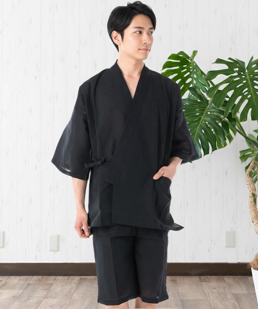 Jinbei Estivo Giapponese Giorno Plus Tessuto Seersucker Liscio x [KYOETSU] da Uomo (abbigliamento tradizionale) - Regalo per Papà, Taglie, Elegante, Cotone, (L, 7. Nero)