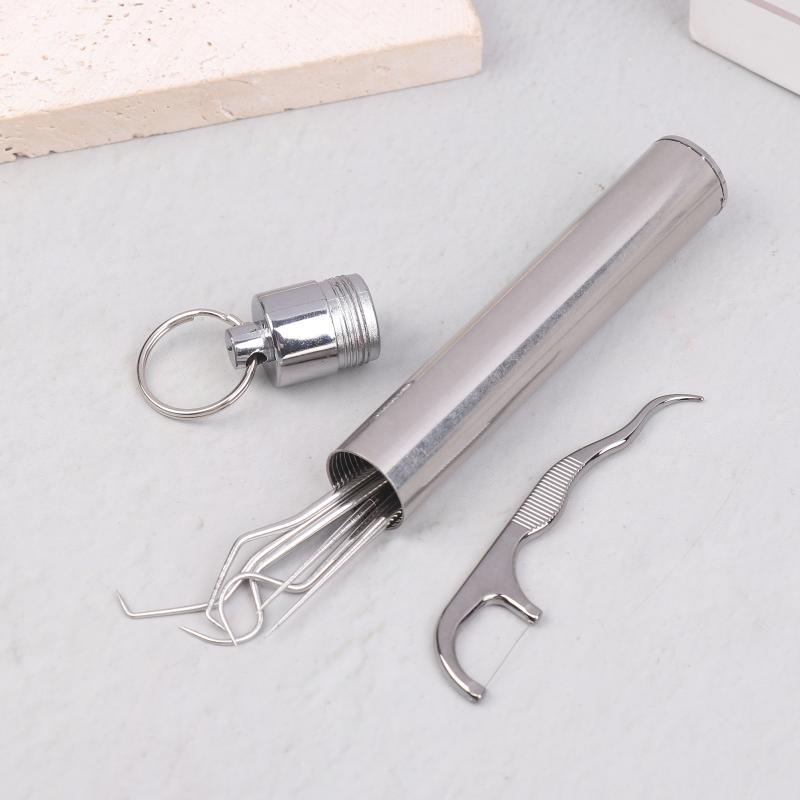 1 Set - Edelstahl-Zahnstocher-Sets Tragbares Zahnseide Wiederverwendbare Zahnstocher Zahnsteinentfernung Reinigungs-Kit Mit Schlüsselanhänger-Halter
