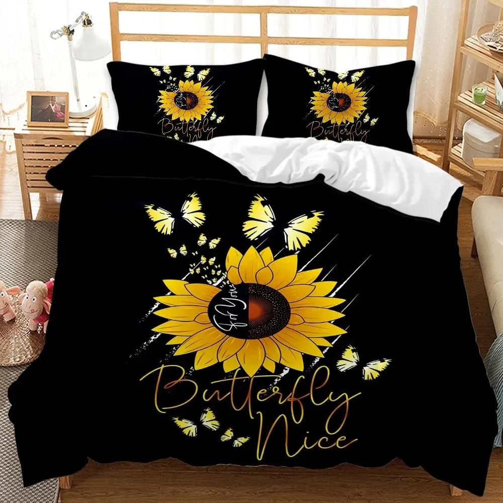 Solros Påslakanset Gul Blomma Sängkläder Set Solros Botanisk Blommig Trädgård Blomtryck på Svart Polyester Quiltöverdrag