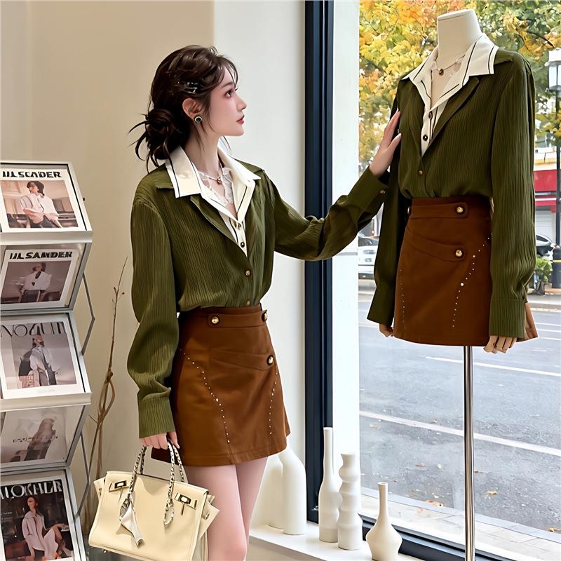 

Women s Retro Hong Kong Style Color Block Lapel Two-Piece Long Sleeve Shirt - Chic and Slimming for Autumn 2025 Extra Large