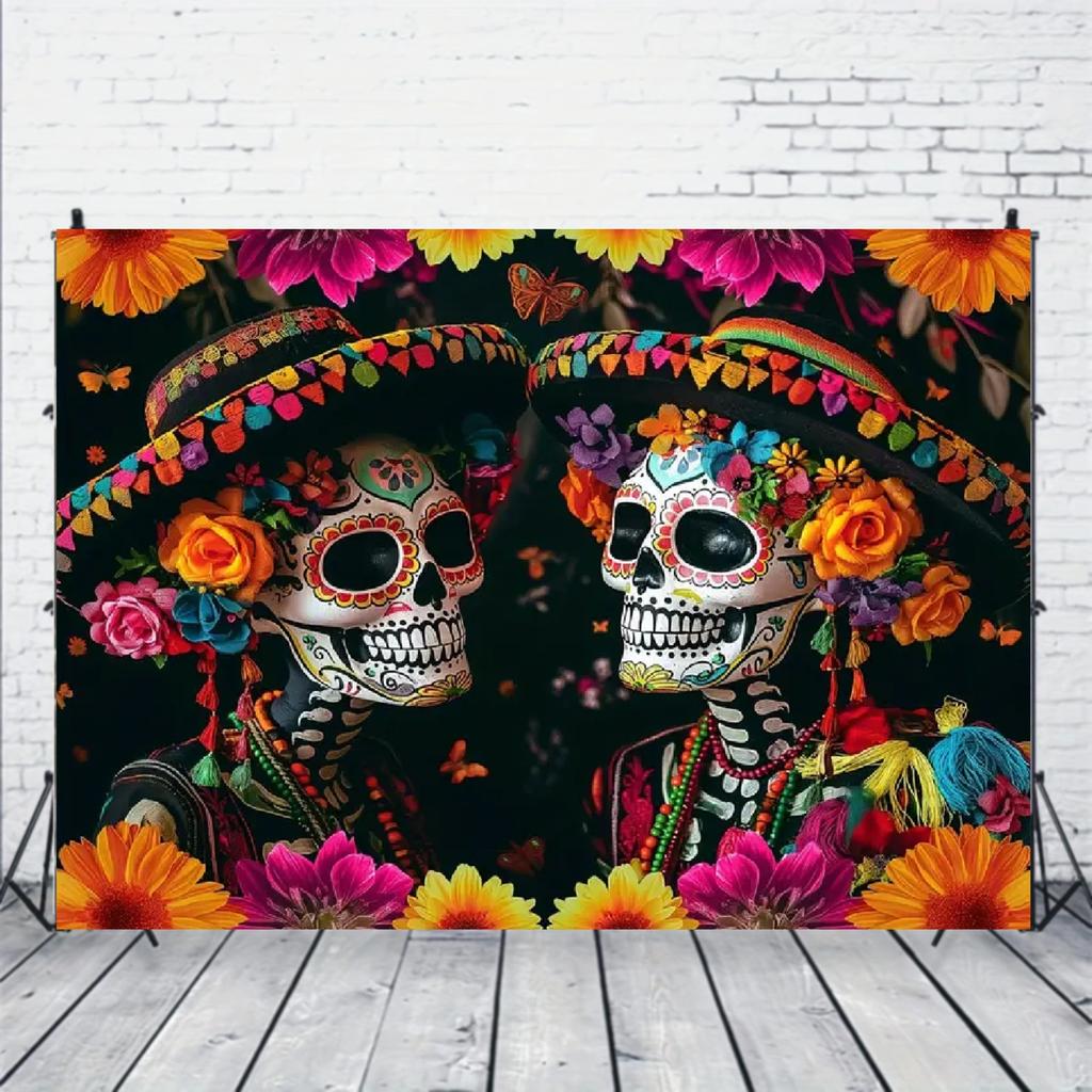 Ghost Festival background - sugar skull photography background - Mexican festival - marigold flower decoration
