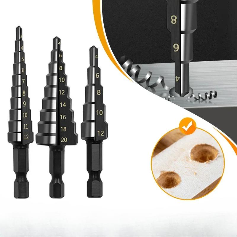 3 buc. Burghie HSS cu pas drepte, 3-12mm, 4-12mm, 4-20mm, nitrură, hexagonală neagră, lemn, metal, tăietor pentru găuri, set de instrumente de găurit