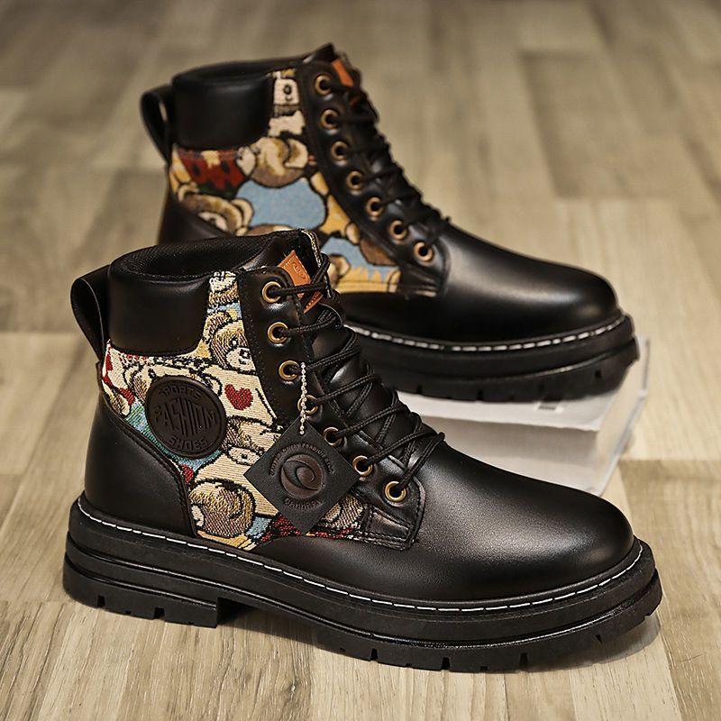 British Style 2026 New Youth High Top Printed Patchwork Workwear Leather Boots Men's Spring Autumn Outdoor Casual Shoes