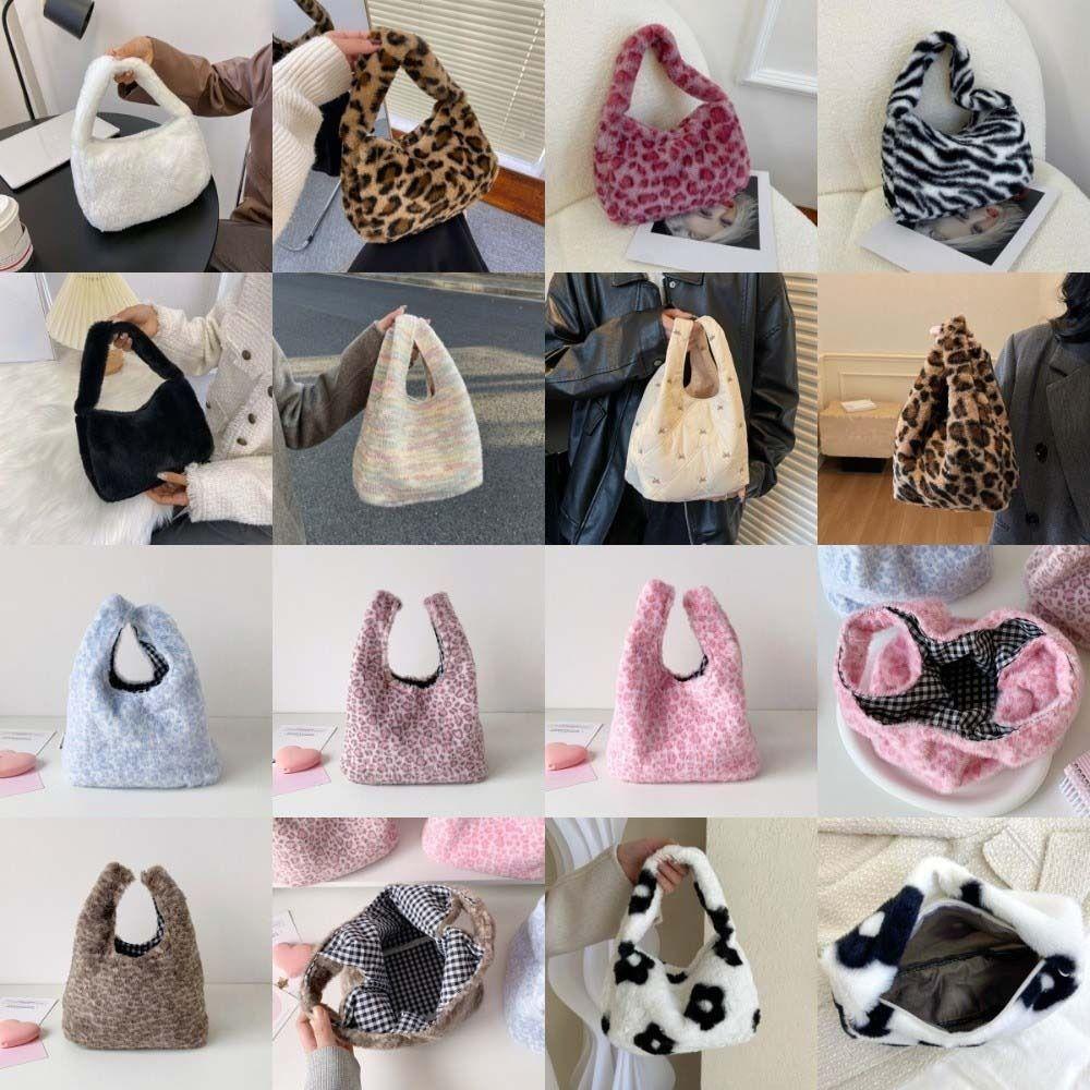 Storage Leopard Print Plush Handbag Tote Bags Hand Purses Korean Underarm Bags Flower Pattern Leopard/Stripe Fluffy Storage Bag