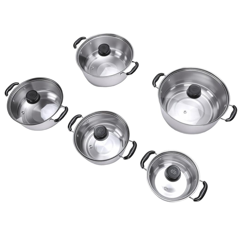 5PCS Cookware Set with Glass Lids Stainless Steel Milk Pot Kitchen Cooking Set for Induction Cooktop