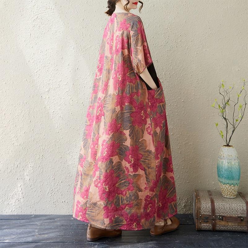 Short Sleeve Plus Size Cotton Vintage Floral New In Dresses for Women Casual Loose Long Summer Dress