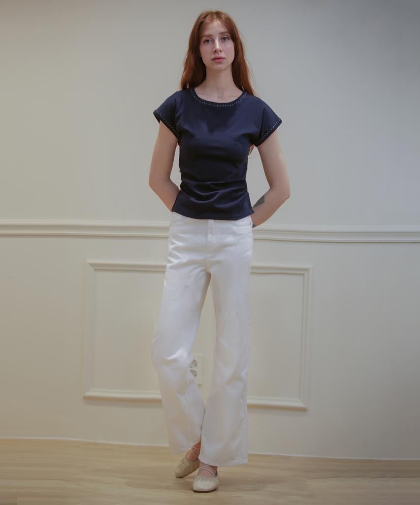 Keulleiseu Stitch Side Shirring Short Sleeve T-Shirt_Black