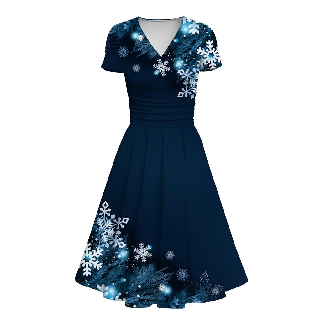 Dámské princeznovské šaty Sexy V-výstřih Vánoční potisk Krátký rukáv Rozšířené šaty