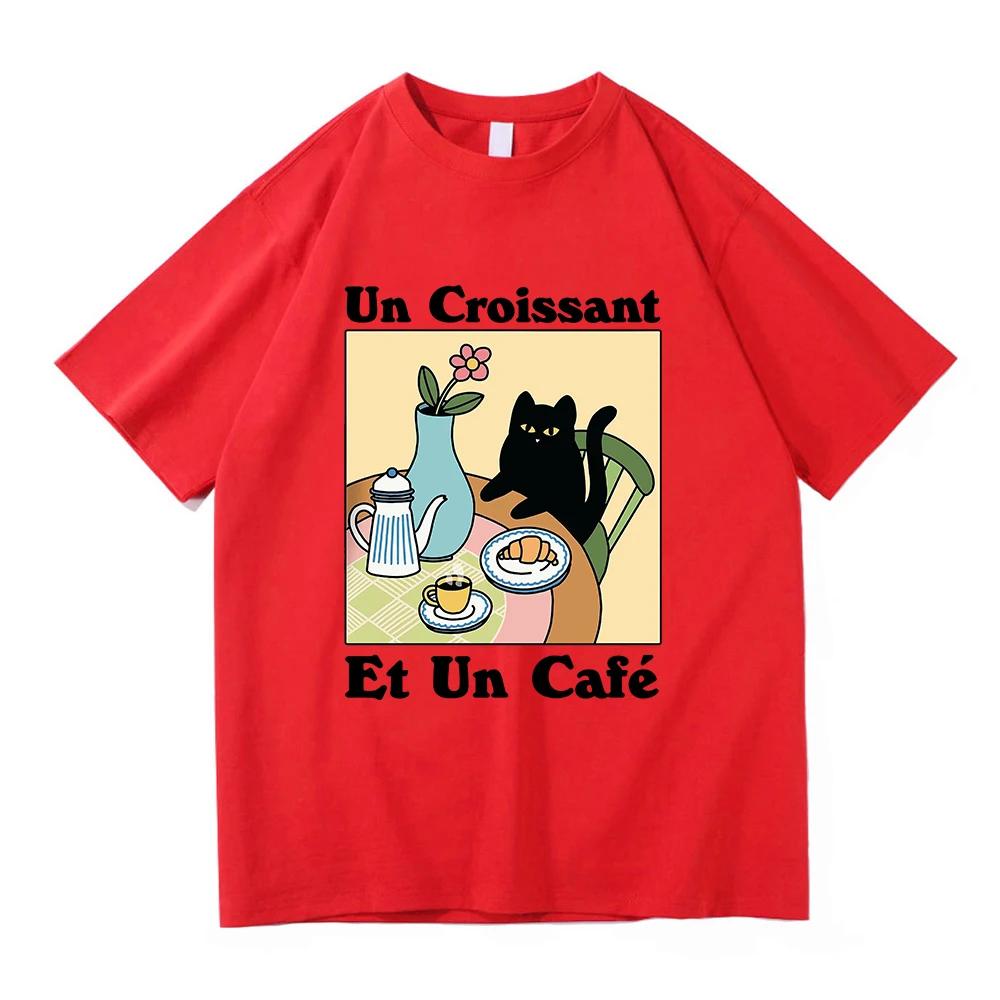 French Cafe Cat T Shirt Fashion Women Summer Funny Letter Un Croissant Et Un Cafe Tshirt High Quality Casual Cotton Tees Shirts