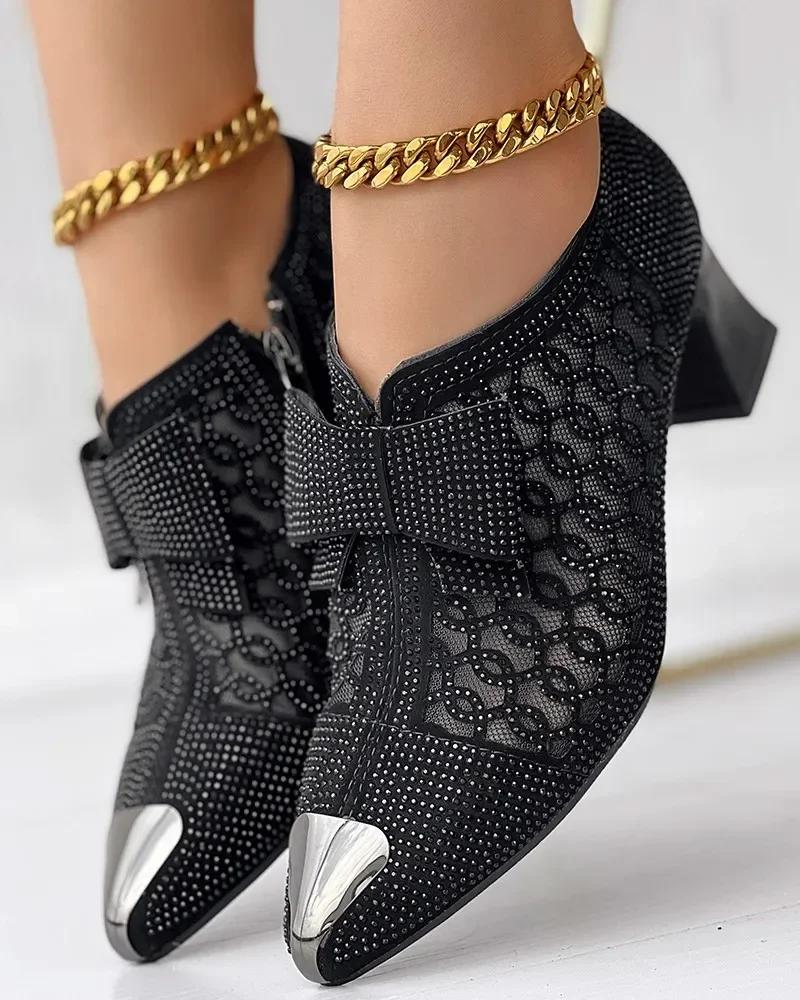 Fashion Heels Women's Hollow Mesh Shoes Summer Fashion Rhinestone Square Heel Pointed Toe Size 43 Zipper Bow Sandals Women Sandalis