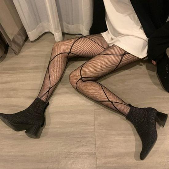 Seductive Black Fishnet Stockings with Bow and Letter Details - Plus Size European and American Styles
