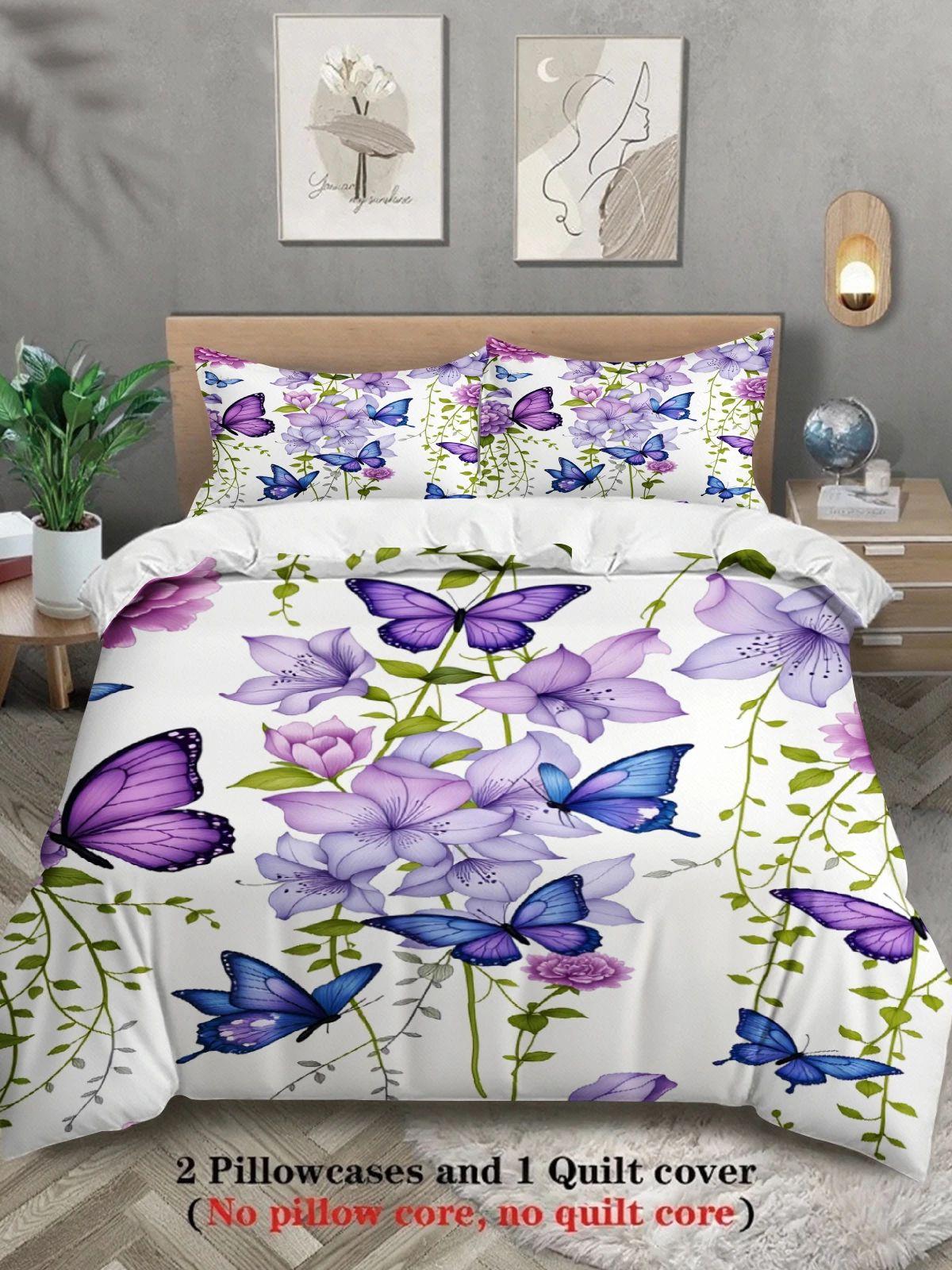 

Floral Butterfly Print Bedding Set Purple And Blue Flowers With Butterflies Bedding With Duvet Cover & Pillowcases For Bedroom US Full(200x230cm)