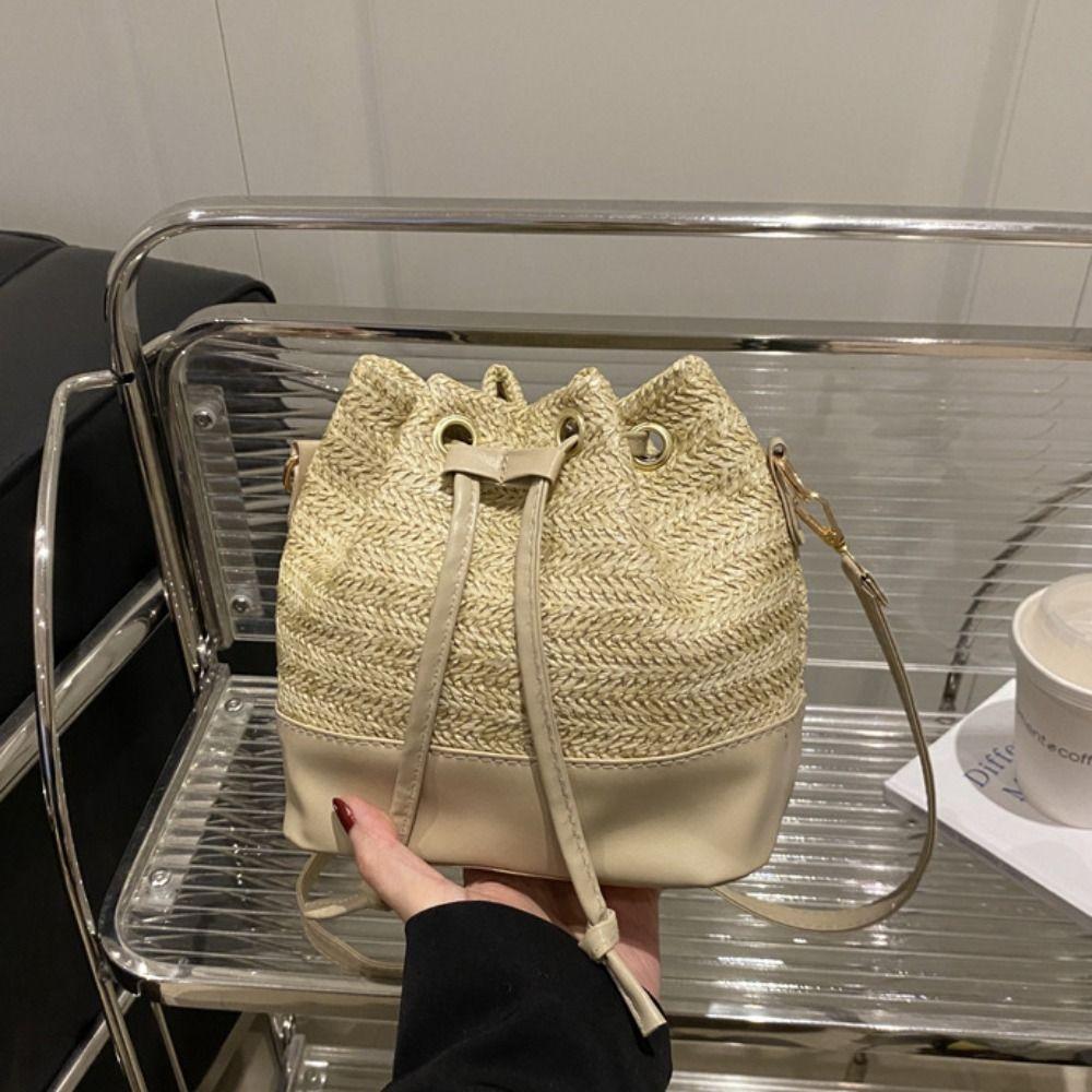 Bohemian Style Raffia Bag Woven Drawstring Bucket Bag Simple Weave Straw Crossbody Bag Holiday