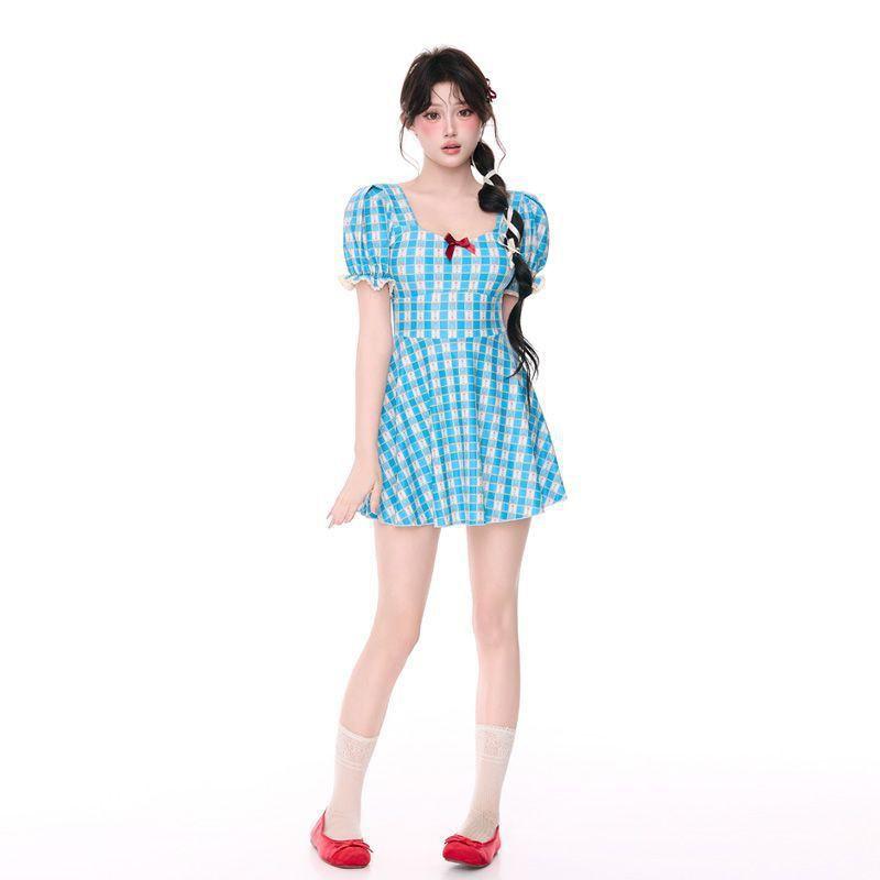 

Sweet Blue Grid Bubble Sleeves Girl Swimsuit Onepiece Skirt Conservative Student Beautiful Slightly Fat Slimming Hot L