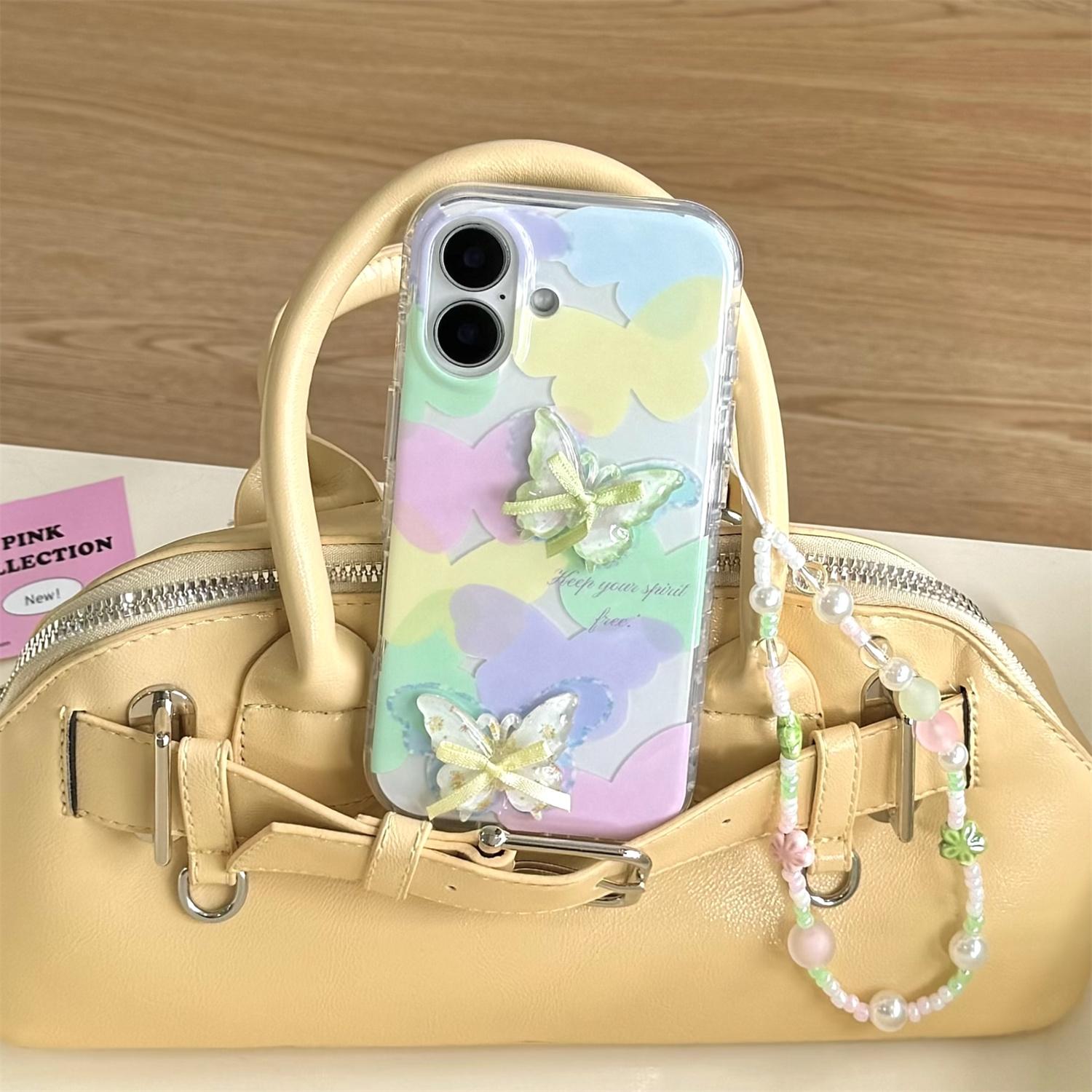 

For iPhone 16 Case IMD 3D Butterfly Design TPU Phone Case with Beaded Strap A