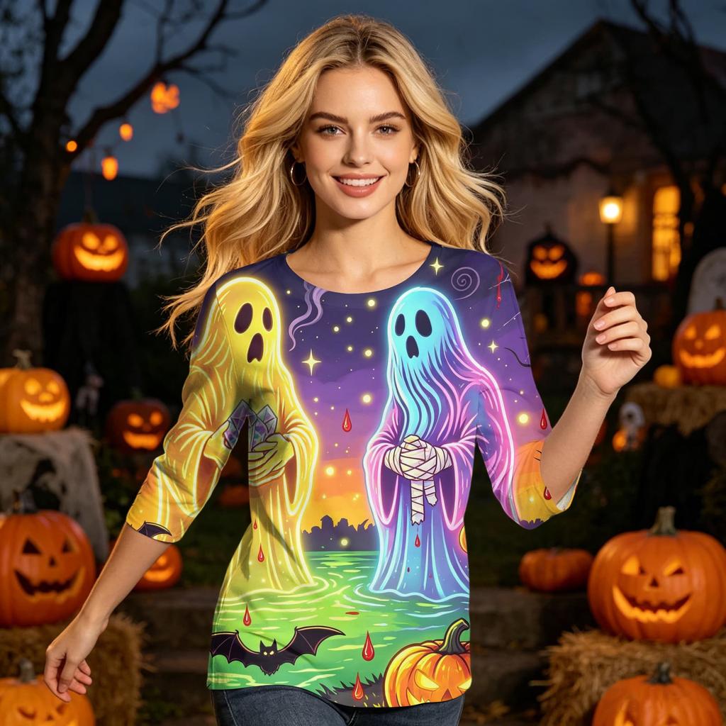 Women's Casual 3/4 Sleeve Halloween Print Round Neck Top Lightweight Loose Fit Pullover Shirt for Everyday Wear