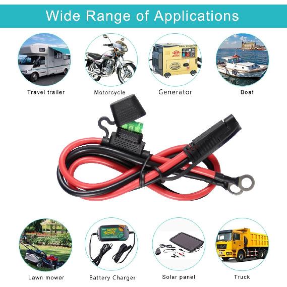 [5 Pack] 2FT SAE To O Ring Terminal Harness 10AWG - Eyelet O-Ring Terminal 10Gauge Harness With 30A Fuse,Battery Trickle Charger Cable For