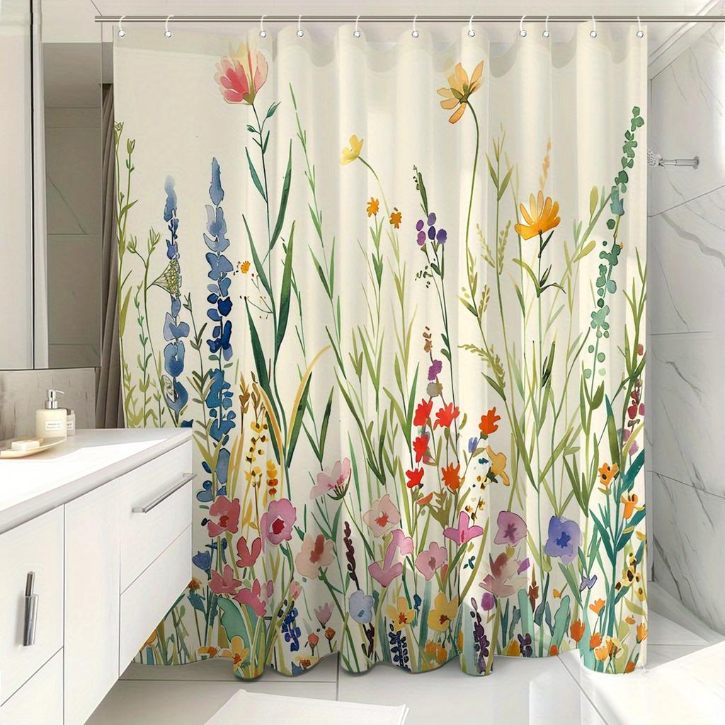 1Pc Herbs & Flowers Shower Curtain - Polyester, 71X71", 12 Hooks, Vibrant Botanical Design, Modern/Rustic Bathrooms