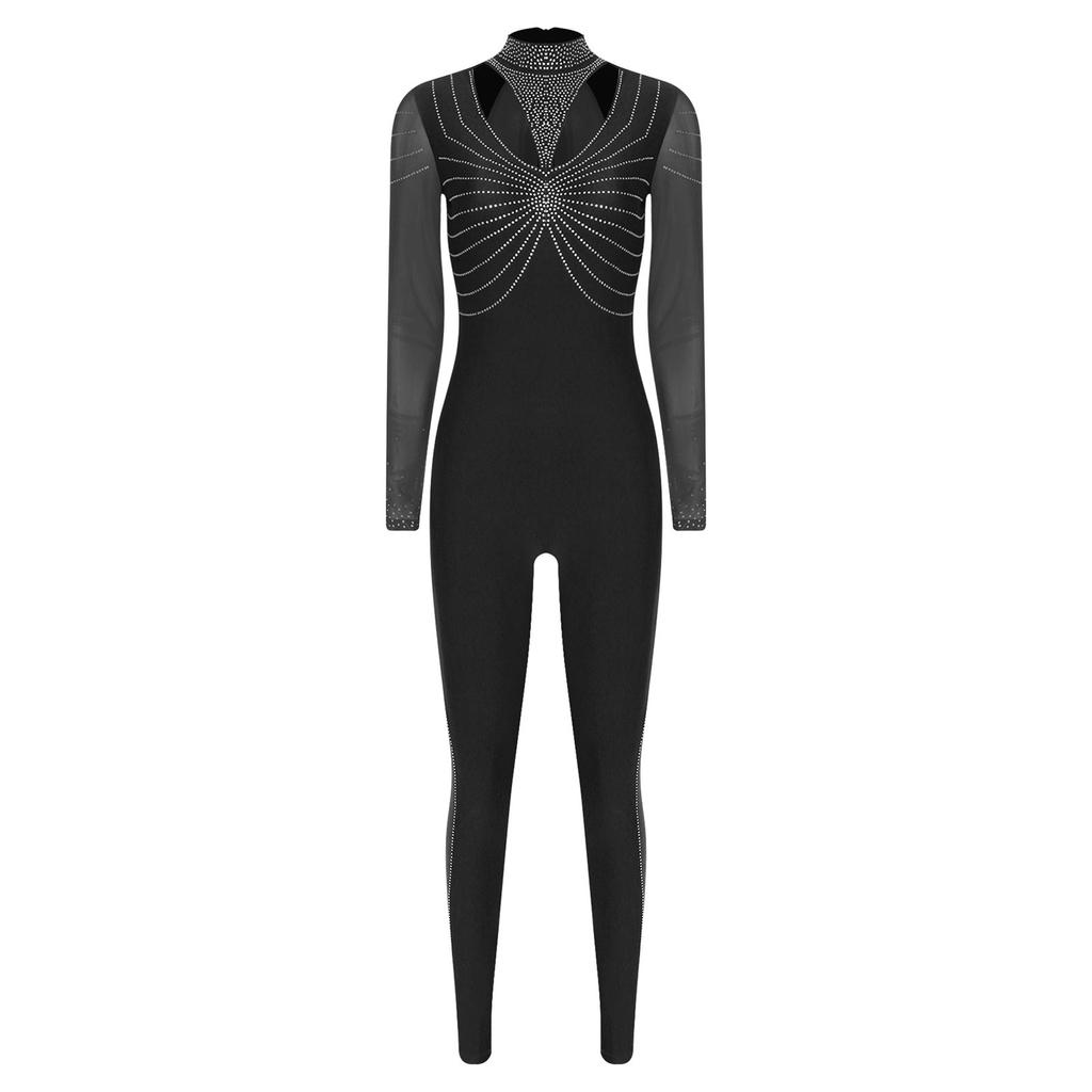 Mono de Gimnasia para Mujer con Pedrería Brillante en Parche, Cuello Mock, Manga Larga, Cremallera Invisible Trasera, Monos