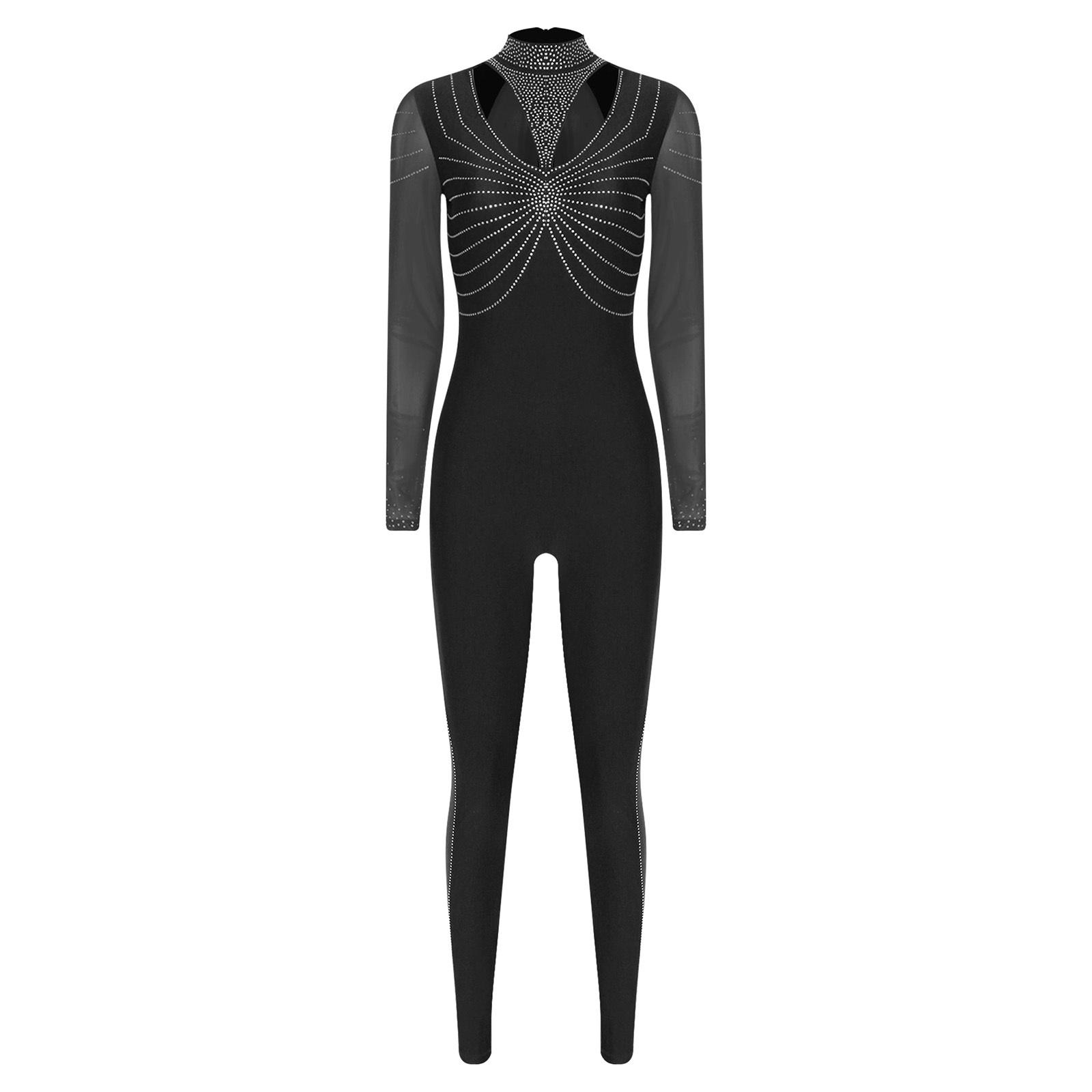 

Жіночий гімнастичний комбінезон блискучі стрази печворк імітація горловини довгий рукав ззаду потайна блискавка ромпери S чорний