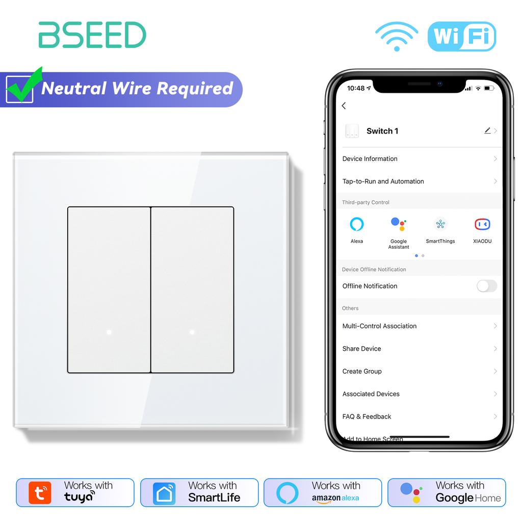 BSEED Wifi Wall Smart Switches 1/2/3/4Gang Mechanical Click Buttons Tuya Smart Life App With EU Power Sockets USB Glass Frames