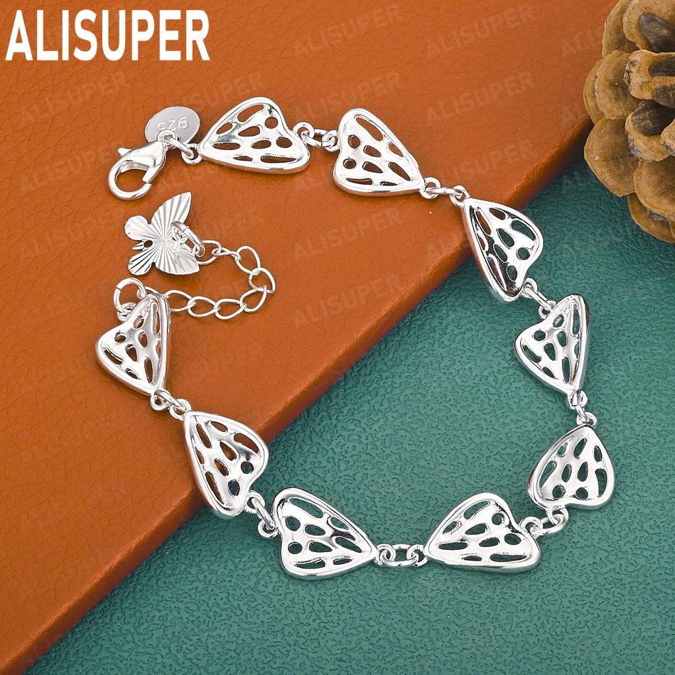 925 Sterling Silver Antique Openwork Heart Side Chain Romantic Bracelet - Exquisite Gift Jewelry 20CM
