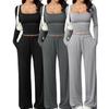 Autumn Casual Long Pants Set Square Neck Long Sleeve Short Top Women Sportswear
