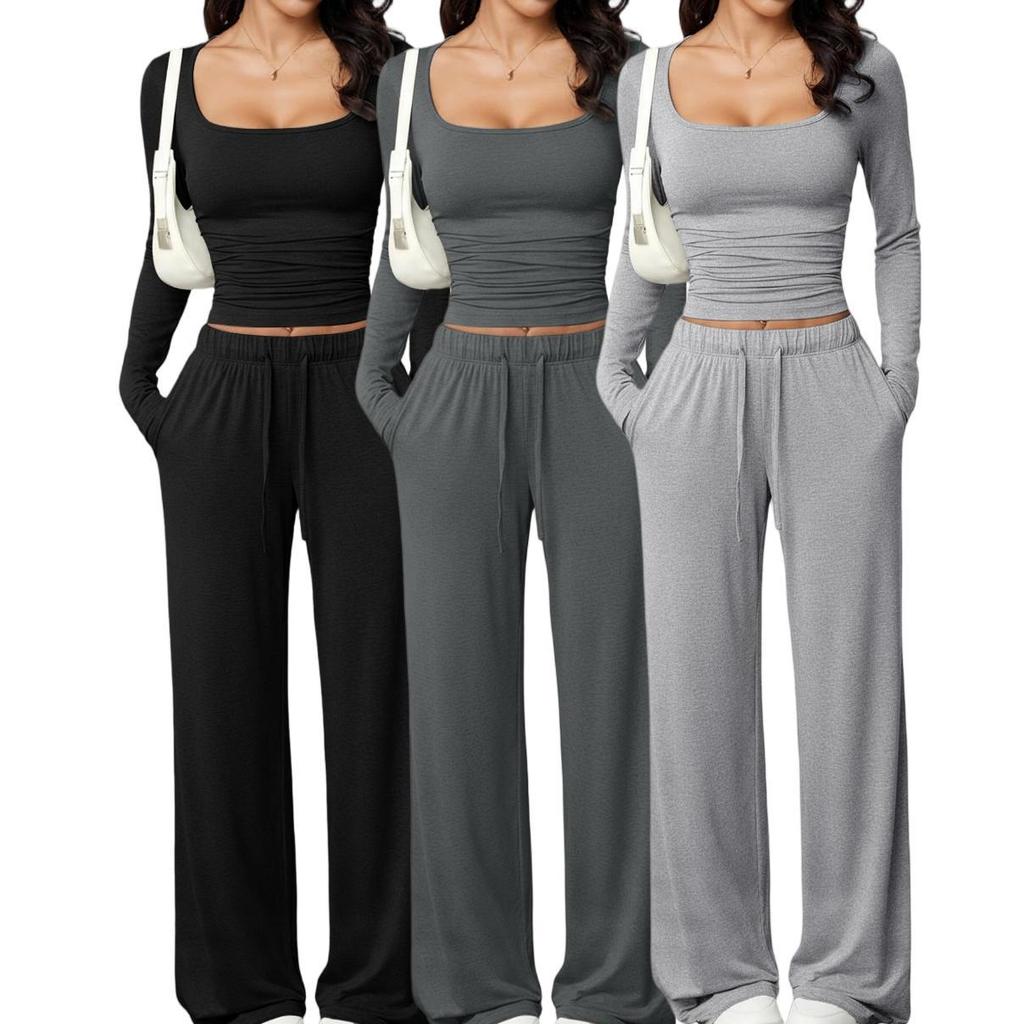 Autumn Casual Long Pants Set Square Neck Long Sleeve Short Top Women Sportswear