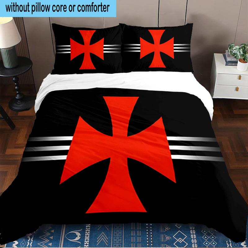 3PCS Red Cross CR Flamengo Printed Bedding Set, Includes A Duvet Cover and Two Pillowcases for Bedroom, Suitable for All Seasons