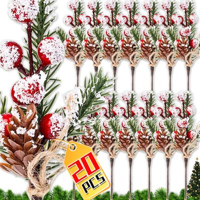 2/20PCS Christmas Pine Cones Branches Artificial Pine Picks Red Berries Branch DIY Christmas Wreath Xmas Tree Decoration Supply
