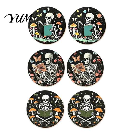 Skull Pattern Desk Decor 6PCS Wooden Coasters, Heat Insulation Moisture Absorption Drink Coffee Mug Coasters Retro Decorative Mats for Home And Office