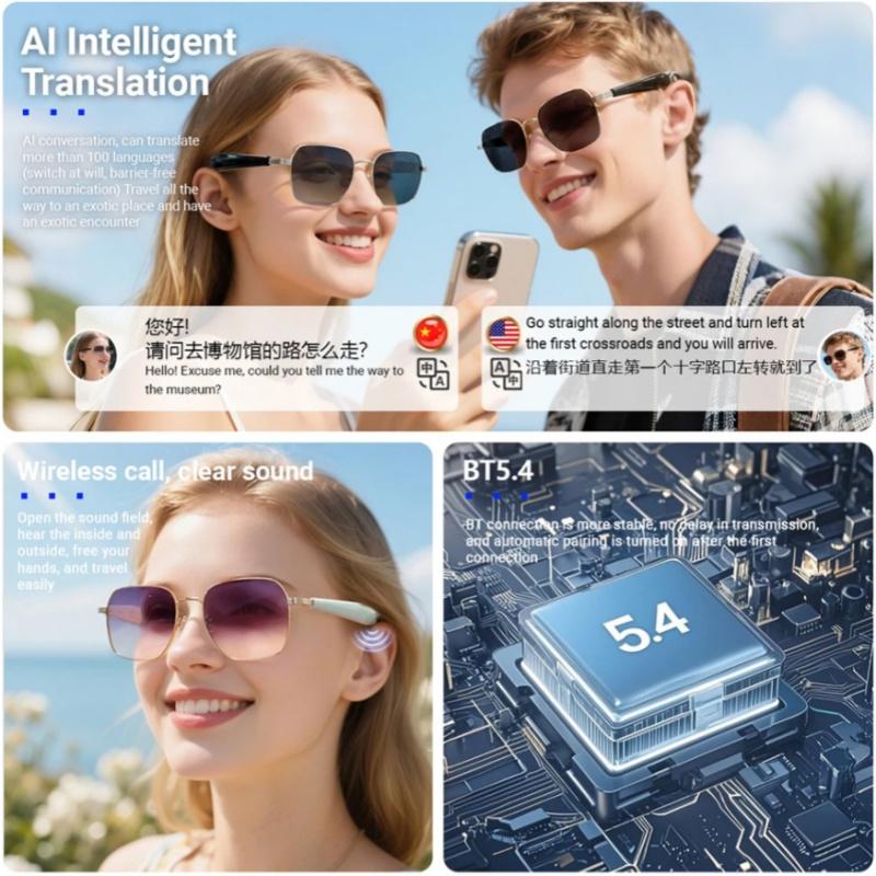 1 pair Smart Bluetooth Glasses Multi language Real time Translation Glasses Playing Music Calling Earphones Fashion Sunglasses
