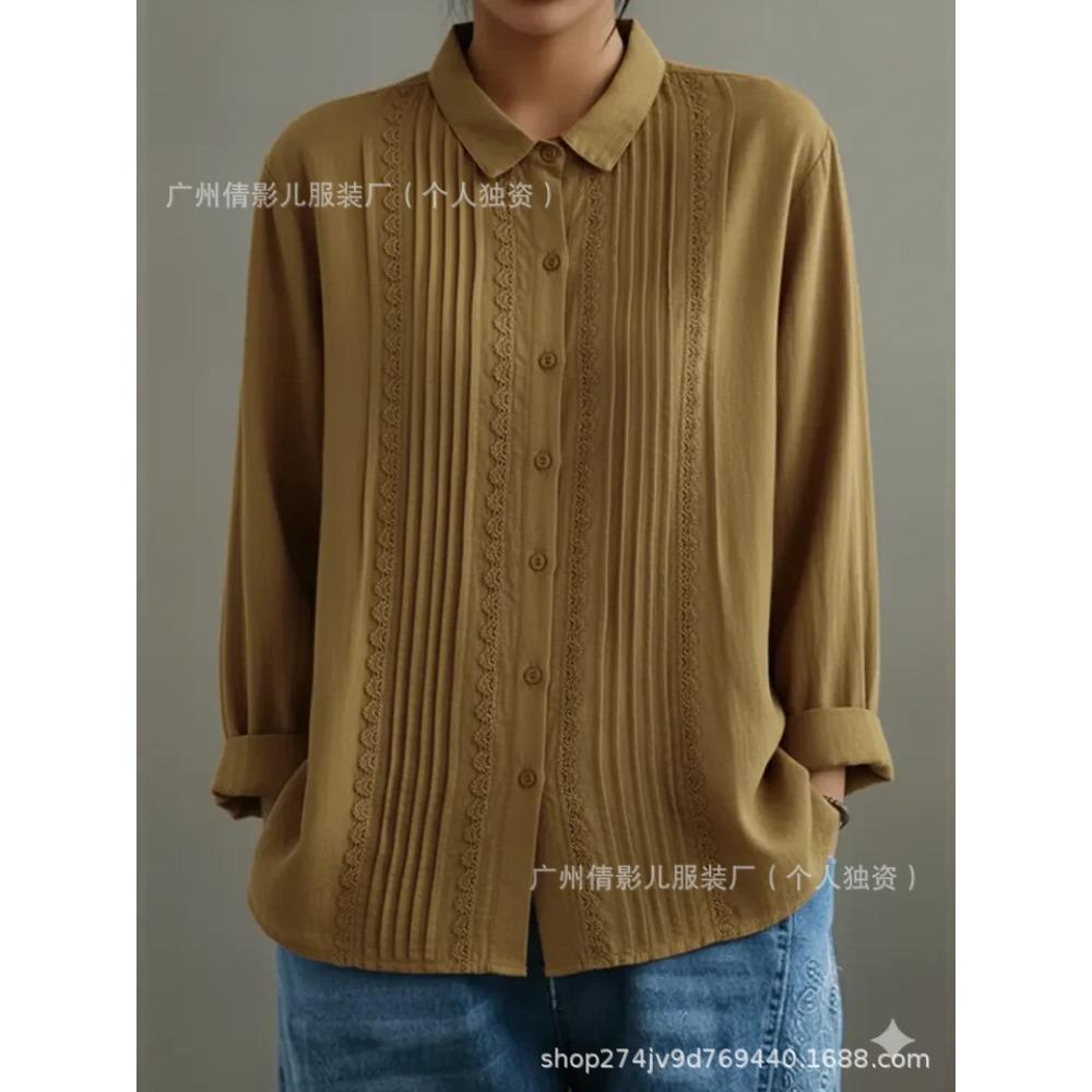 European and American Artistic Style Loose Striped Lace Trim Cotton-linen Long-sleeve Women's Shirt Top