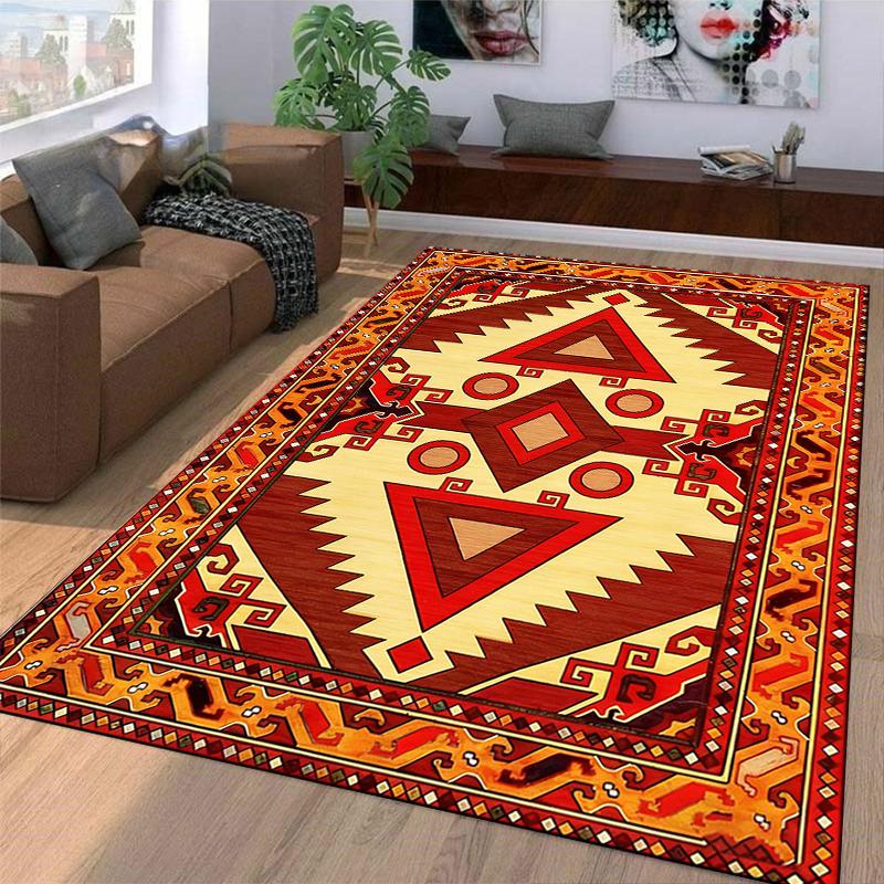 Geometric Boho Tribal-Style Carpet, Red and Yellow Ethnic Pattern Rug Suitable for use as an anti-slip for living room bedroom sofas