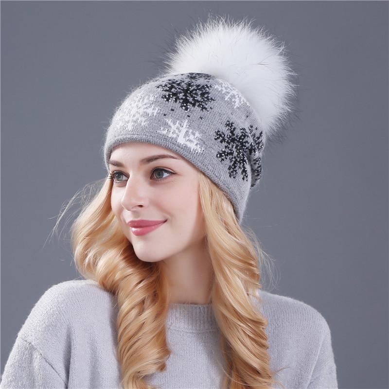Women's Wool & Rabbit Hair Blend Snowflake Pullover Hat with 15CM Genuine Raccoon Fur Pom Pom