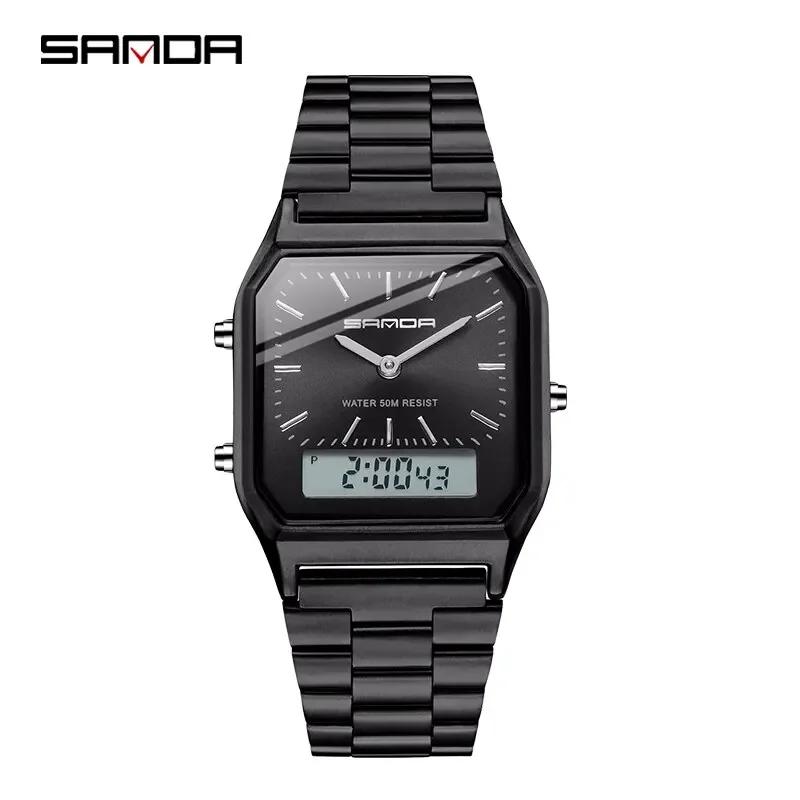 SANDA P747 Watch Luxury Mens Style Watches Stainless Steel Women LED Digital Dual Display Clock Unisex Waterproof Sports Quartz