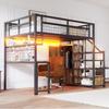 Metal Loft Bed 140 X 200 Cm with Storage Ladder and Simple Wardrobe, with Shelf, Table and Mesh Shelf, with Light Strip Socket, Black, SKU LDB00433AAB