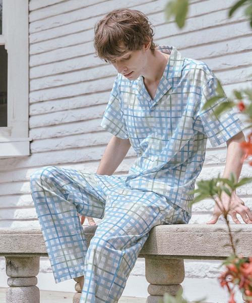 [Sunday Lounge] Blue Check Short Sleeve Pajama Set SMLDAST0077-BS [Shipped from Korea] 100% Authentic