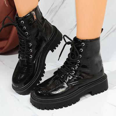 Bottines à Semelle Épaisse en Cuir Verni Mode Femme Lacets Fermeture Éclair Bottes à Plateforme Noires Femme Confortable Grande Taille Chaussures de Moto