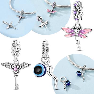 Originalcopper Pink Dragonfly Pendant Demon Eye Heart Key Wings Charms Bead Fit Bracelet Women Jewelry Accessory Fine Gift