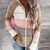 Women's Hooded Zip Up Knit Cardigan Loose Fit Long Sleeve Color Block Hollow Out Stripe Sweater Jacket