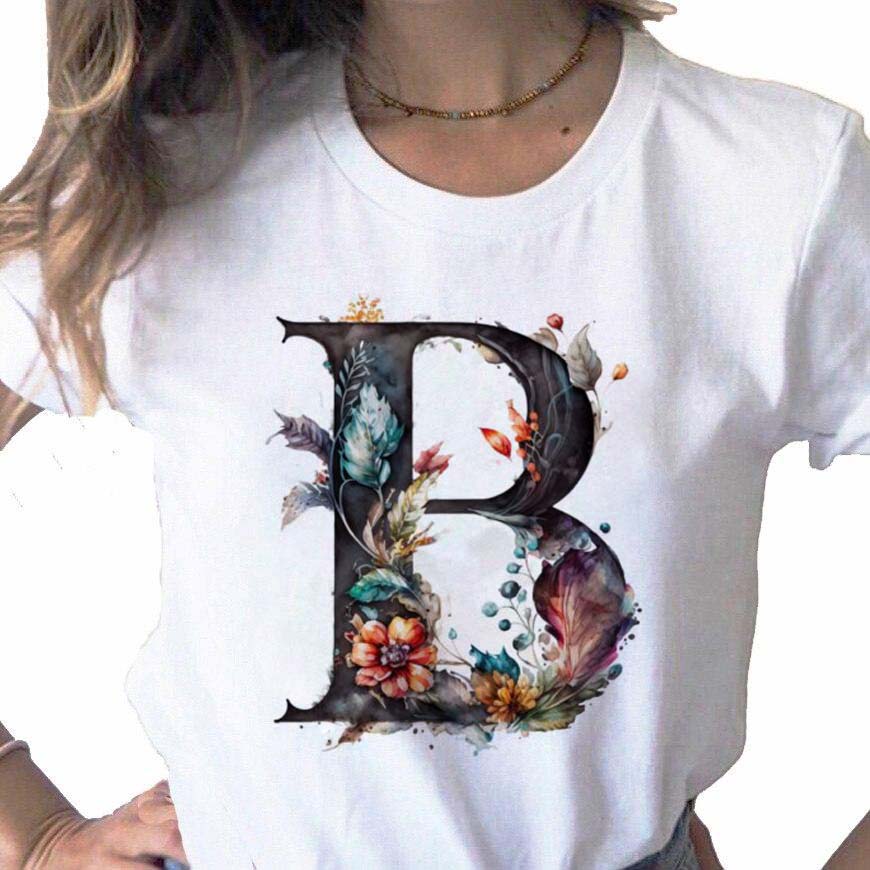 New Women T Shirt Custom Name Letter Combination Print Tshirt Flower Letter Font A B C D E F G Short Sleeve Female Tees Tops