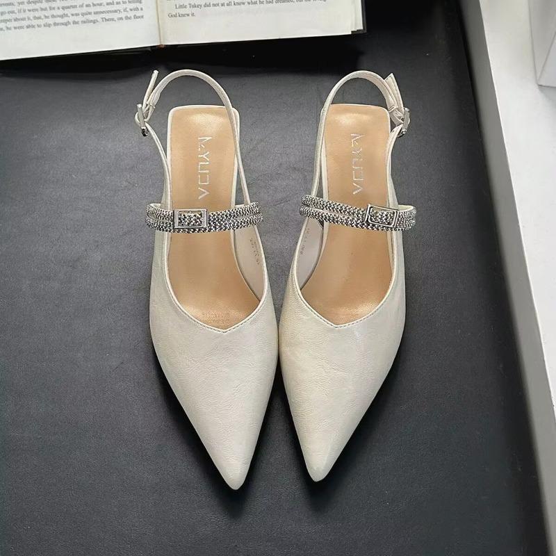 Fashion New Summer Women's Luxury Slingback Low-heel Sandals Silvery Pointed Woman Mules Fashion Rear Trip Strap Flat Bottom Beach Shoes